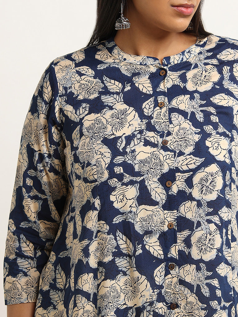 Diza Blue Straight Fit Floral Print Kurta