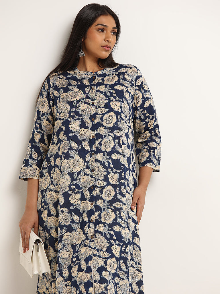 Diza Blue Straight Fit Floral Print Kurta