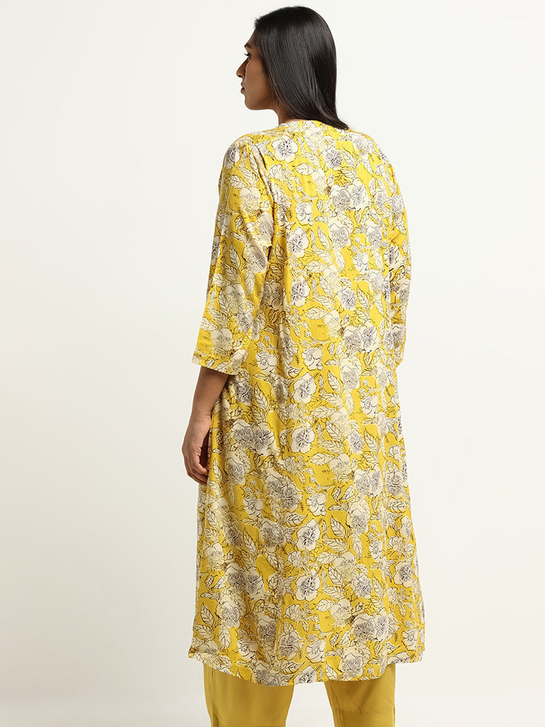 Diza Yellow Floral Print Button-Down Kurta