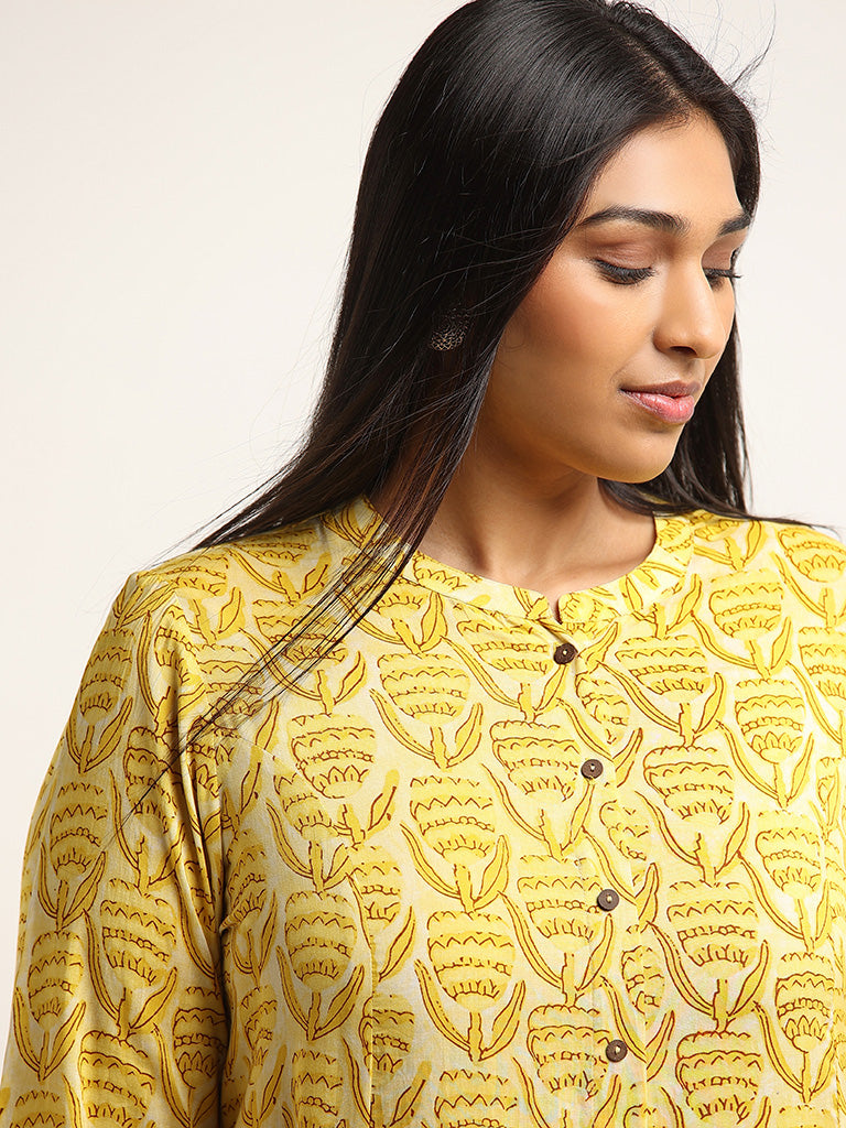 Diza Yellow Printed Button-Down Kurta