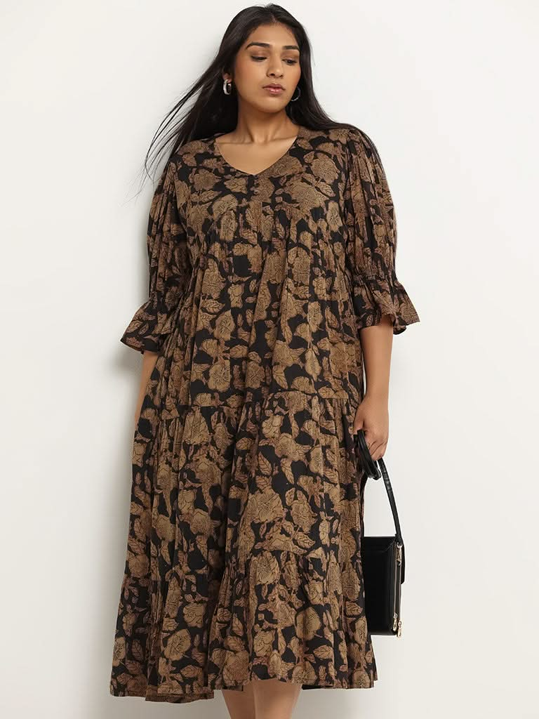 Diza Black Floral Print Tiered Dress