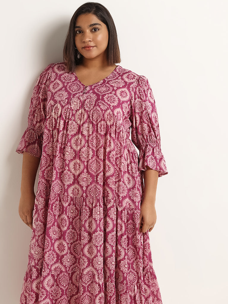 Diza Pink Flared Printed Tiered Dress