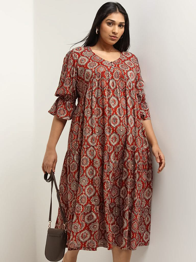 Diza Red Ethnic Print Tiered Dress