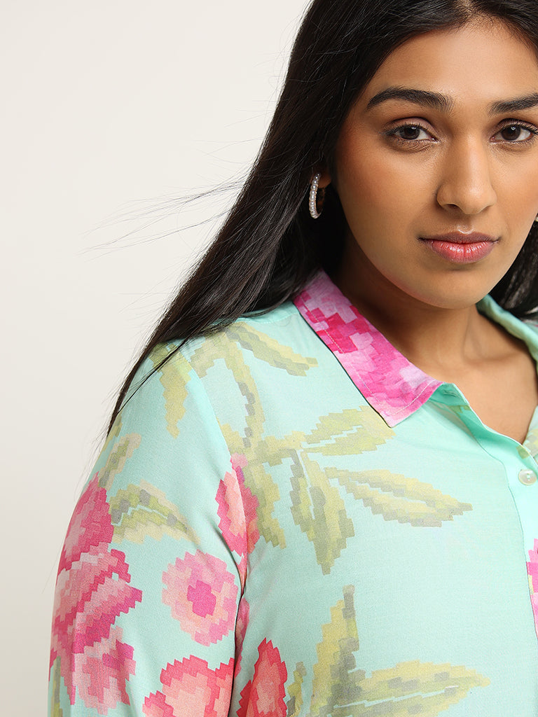 Diza Green Floral Print Collared Kurta