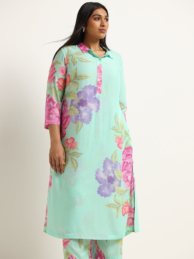 Diza Green Floral Print Collared Kurta