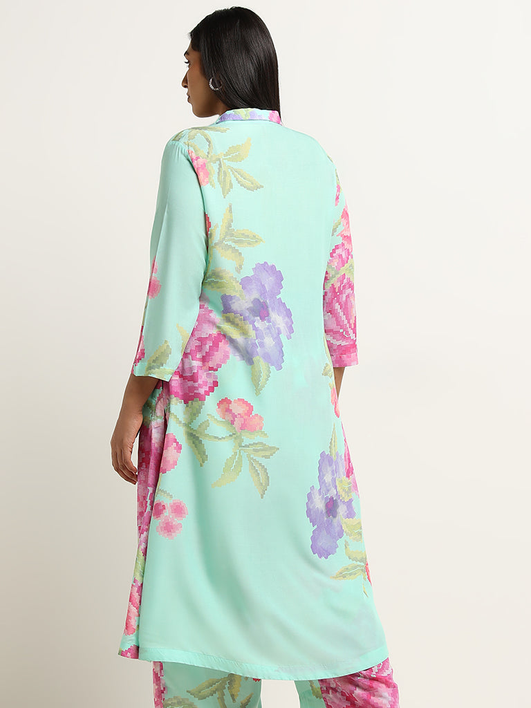 Diza Green Floral Print Collared Kurta