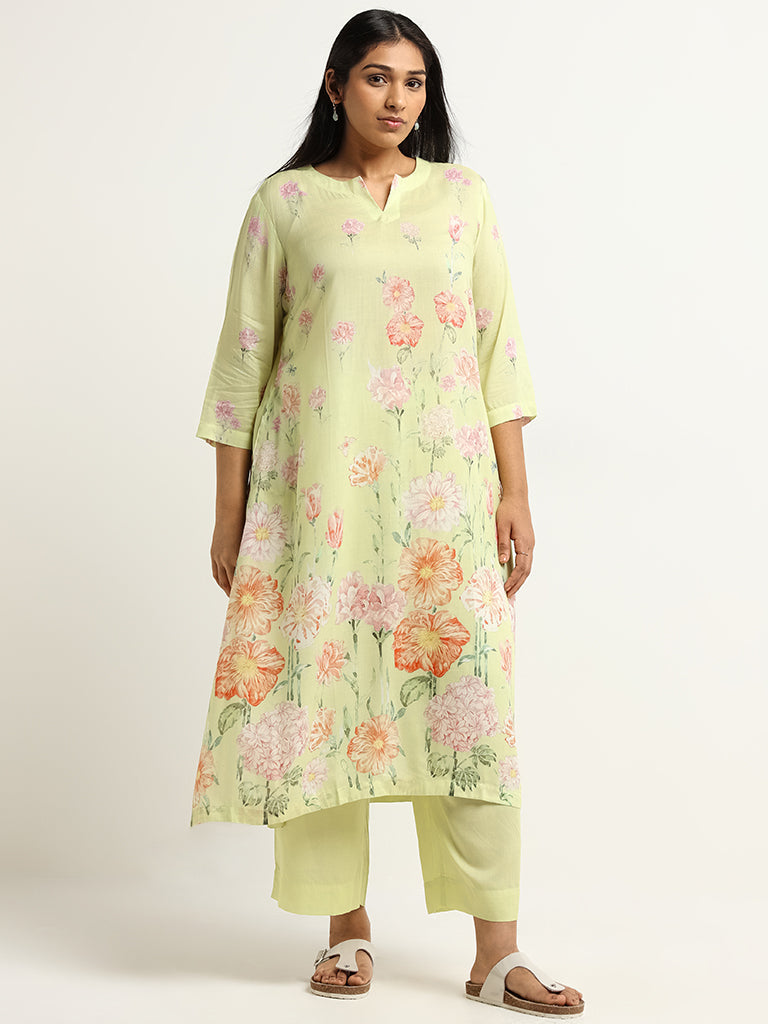 Diza Green Floral Print Straight-Fit Kurta