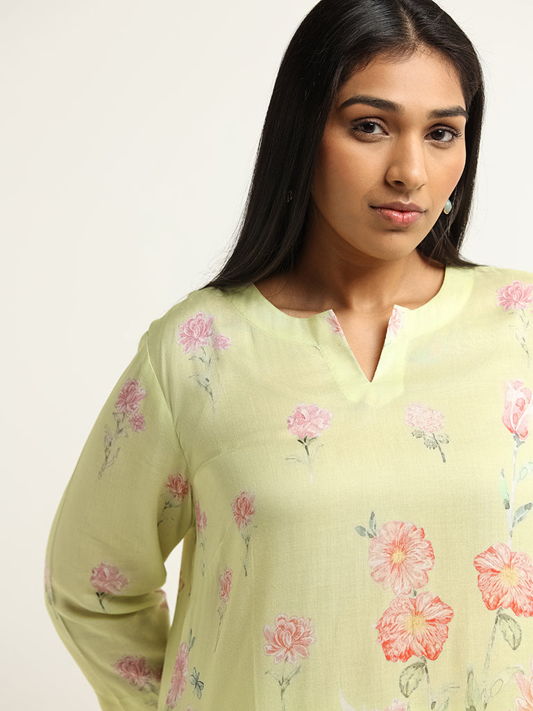 Diza Green Floral Print Straight-Fit Kurta