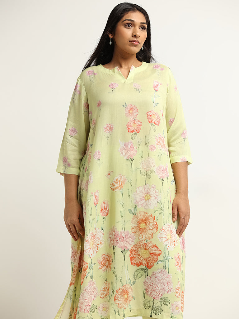 Diza Green Floral Print Straight-Fit Kurta