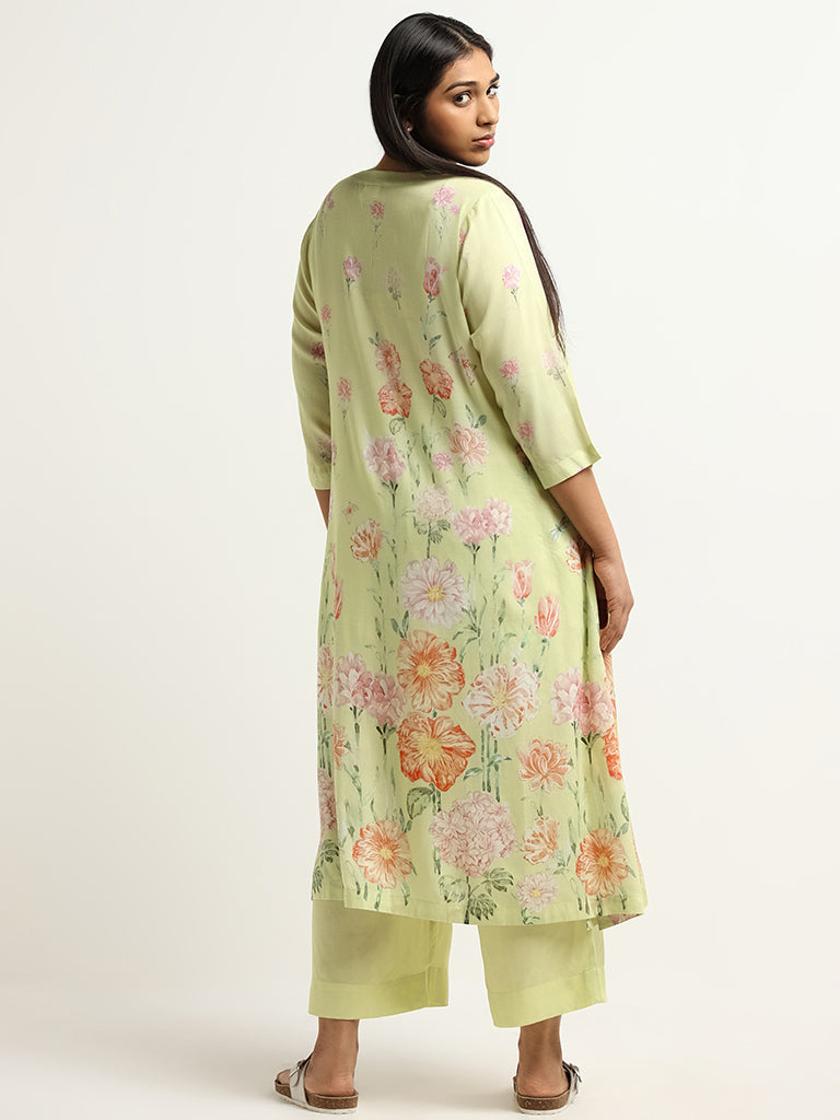 Diza Green Floral Print Straight-Fit Kurta