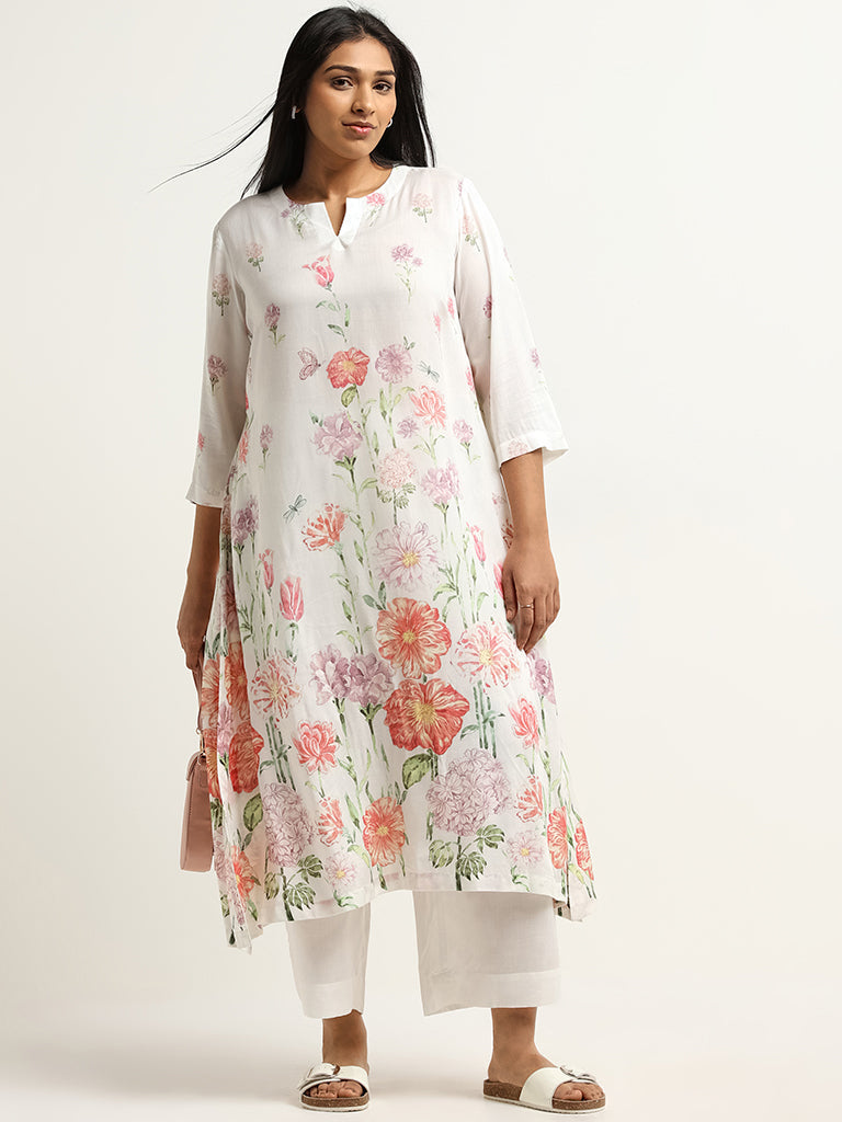 Diza White Floral Print Straight-Fit Kurta