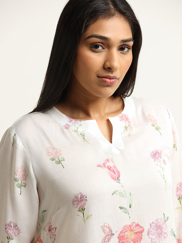 Diza White Floral Print Straight-Fit Kurta