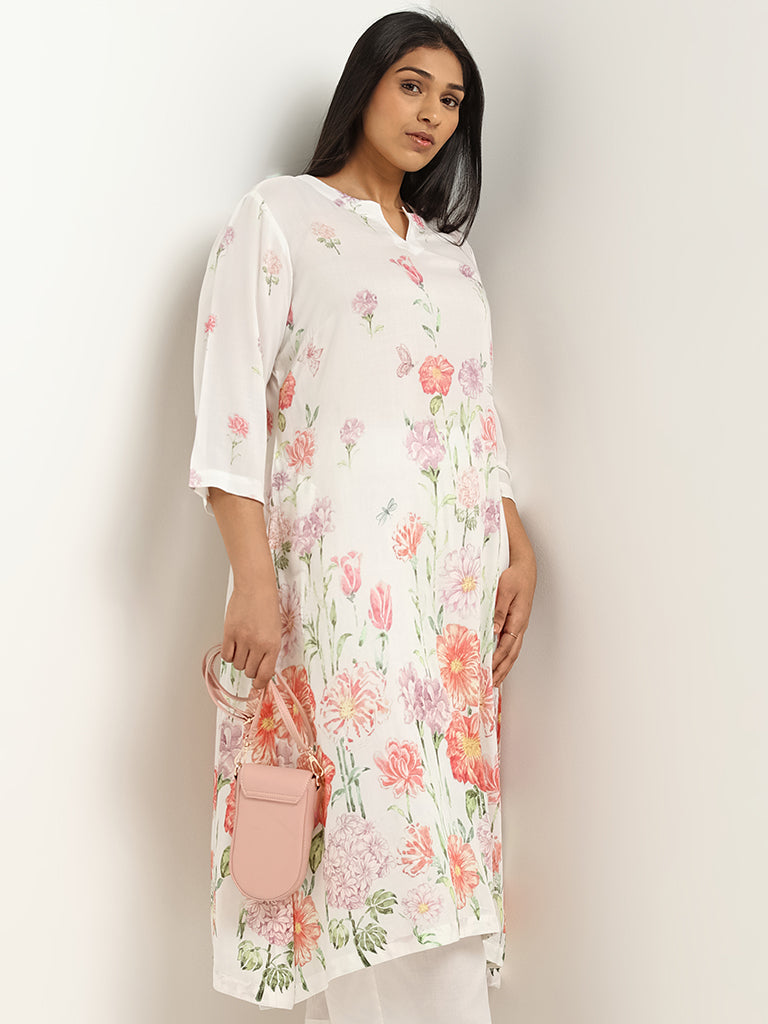 Diza White Floral Print Straight-Fit Kurta