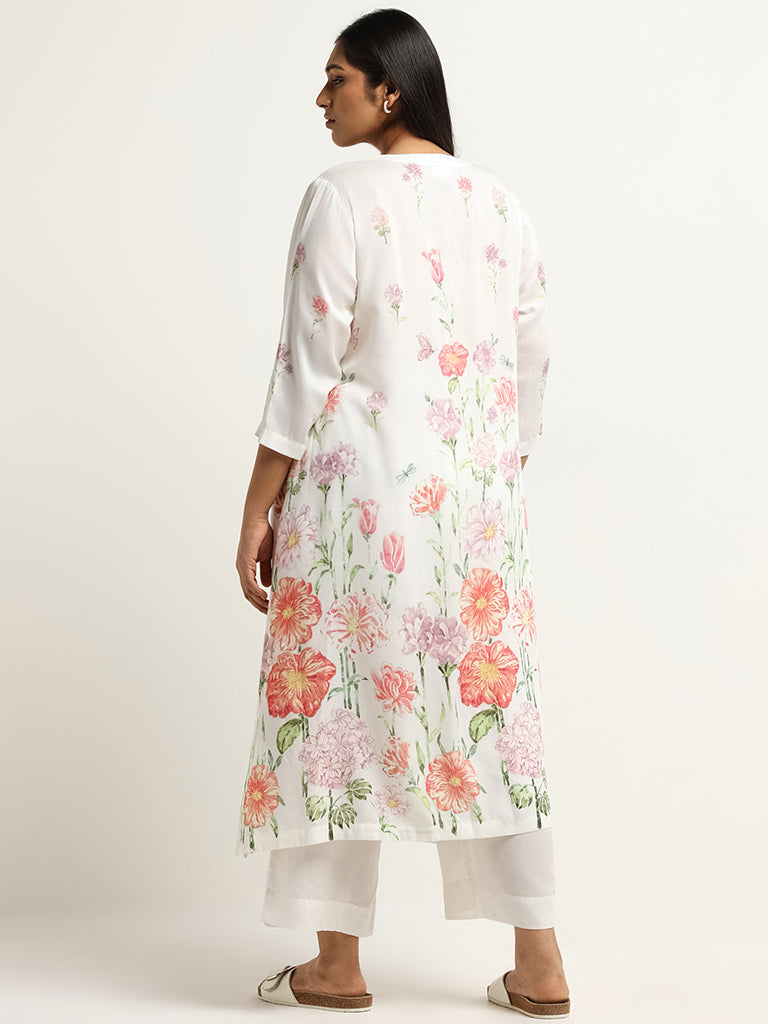 Diza White Floral Print Straight-Fit Kurta