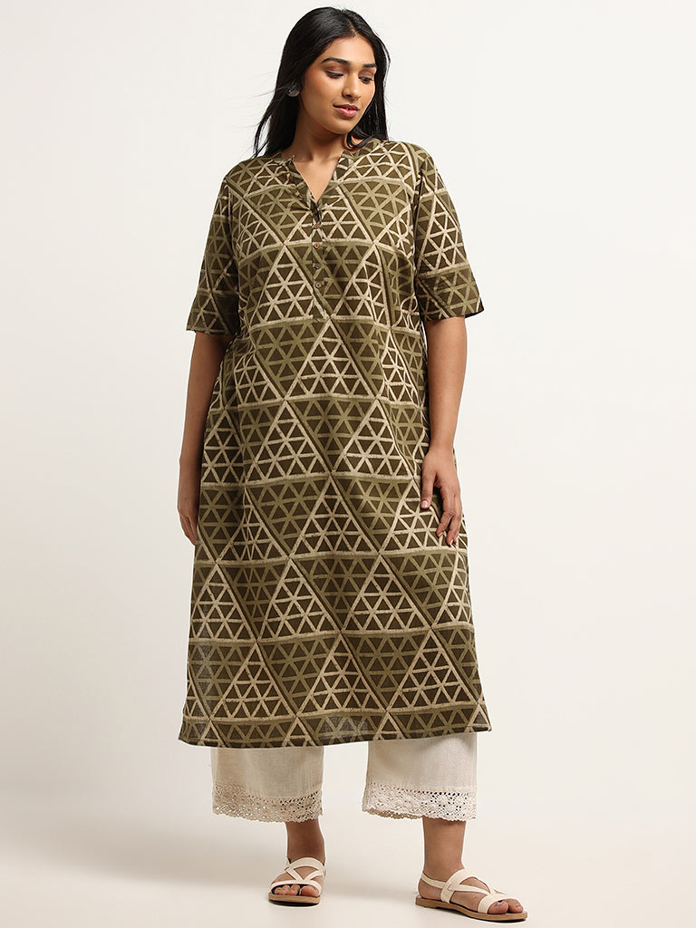 Diza Green Straight Fit Printed Cotton Kurta