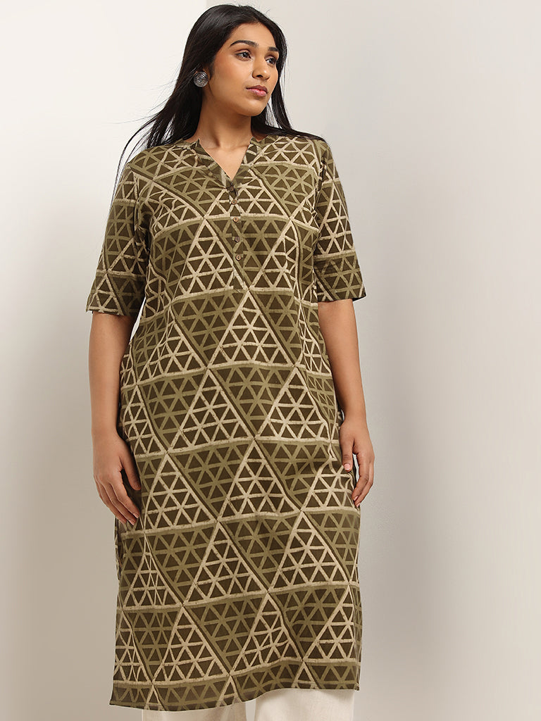 Diza Green Straight Fit Printed Cotton Kurta