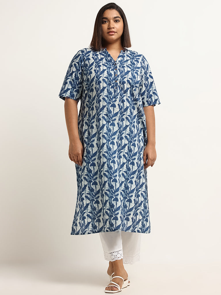 Diza Blue Printed Cotton Straight Fit Kurta