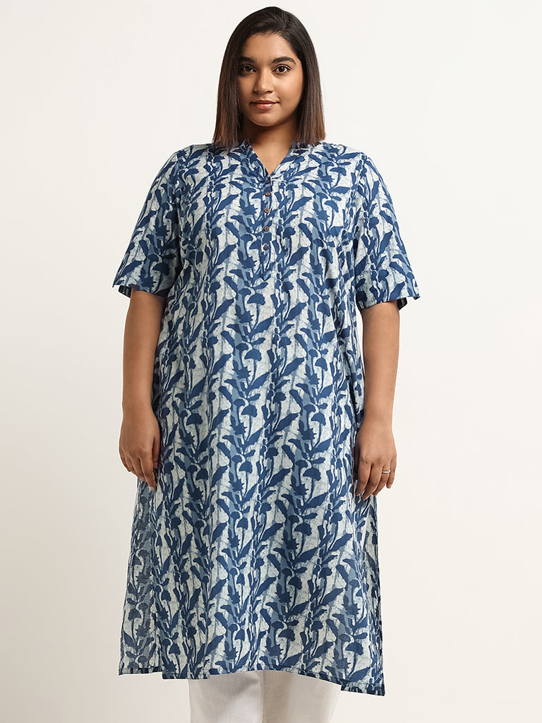 Diza Blue Printed Cotton Straight Fit Kurta