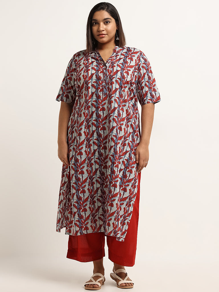 Diza Red Printed Cotton Straight Fit Kurta