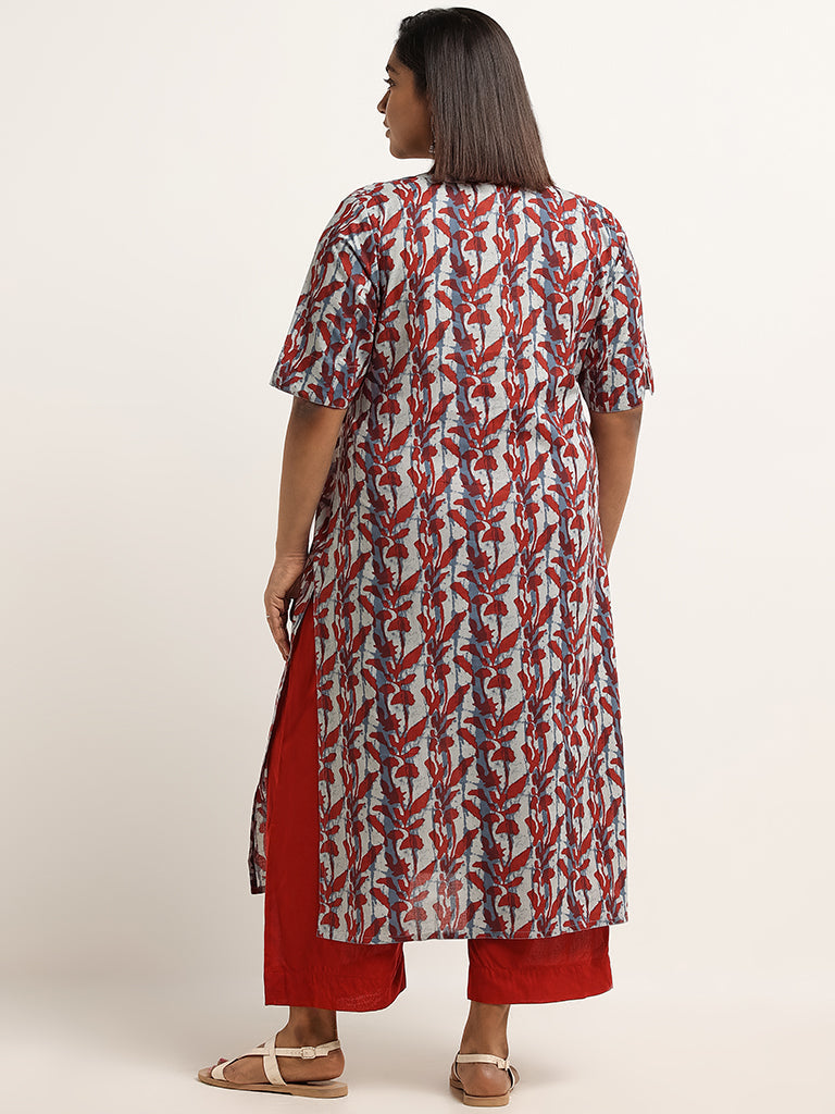 Diza Red Printed Cotton Straight Fit Kurta