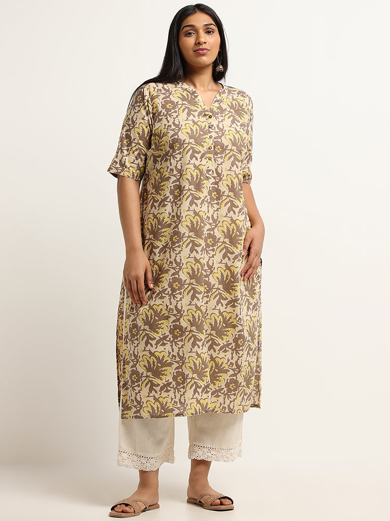 Diza Beige Straight Fit Floral Print Cotton Kurta