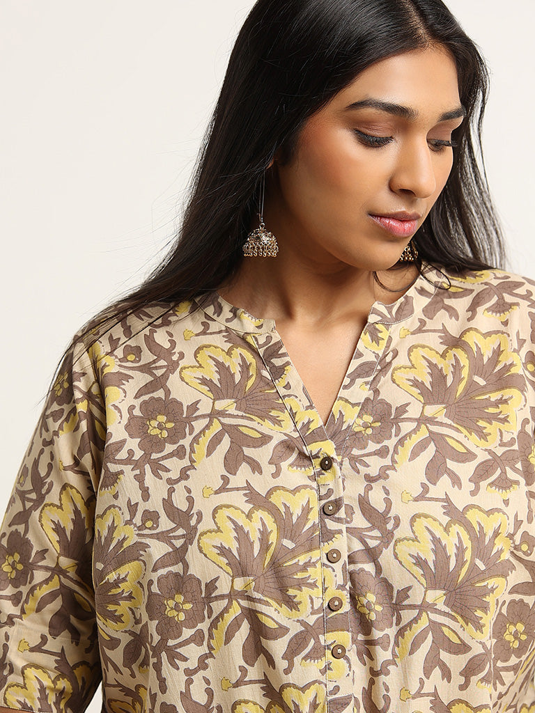 Diza Beige Straight Fit Floral Print Cotton Kurta