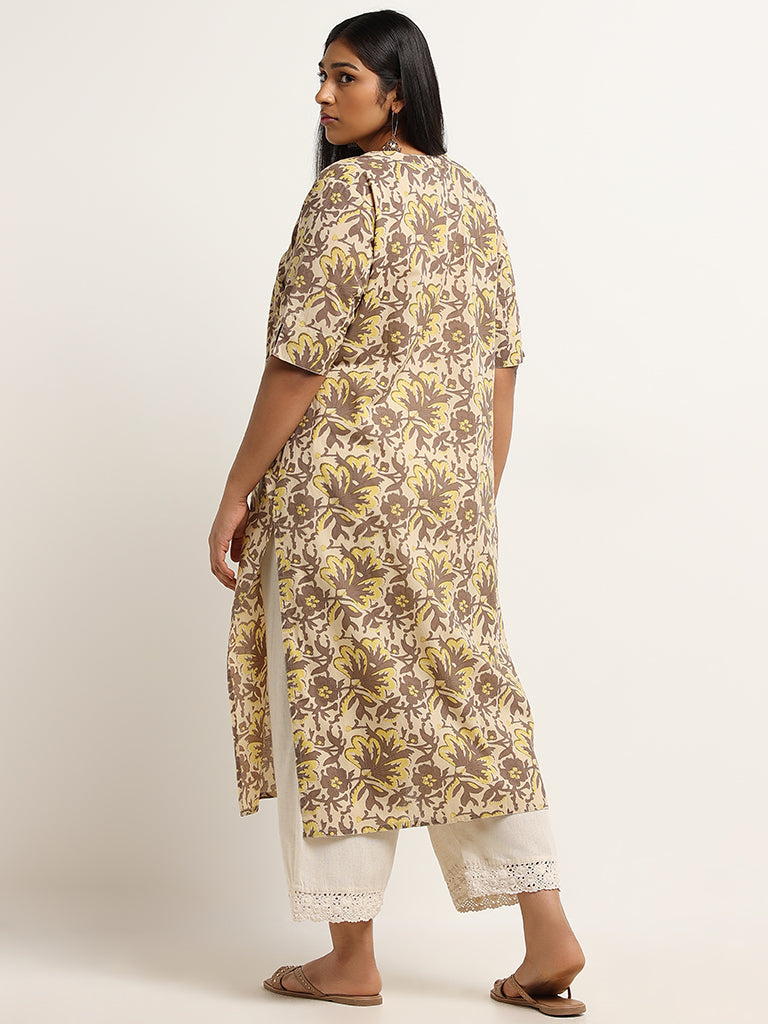 Diza Beige Straight Fit Floral Print Cotton Kurta