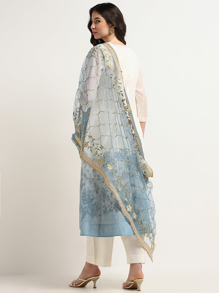 Vark Off-White Embroidered Kurta, Pants and Dupatta Set