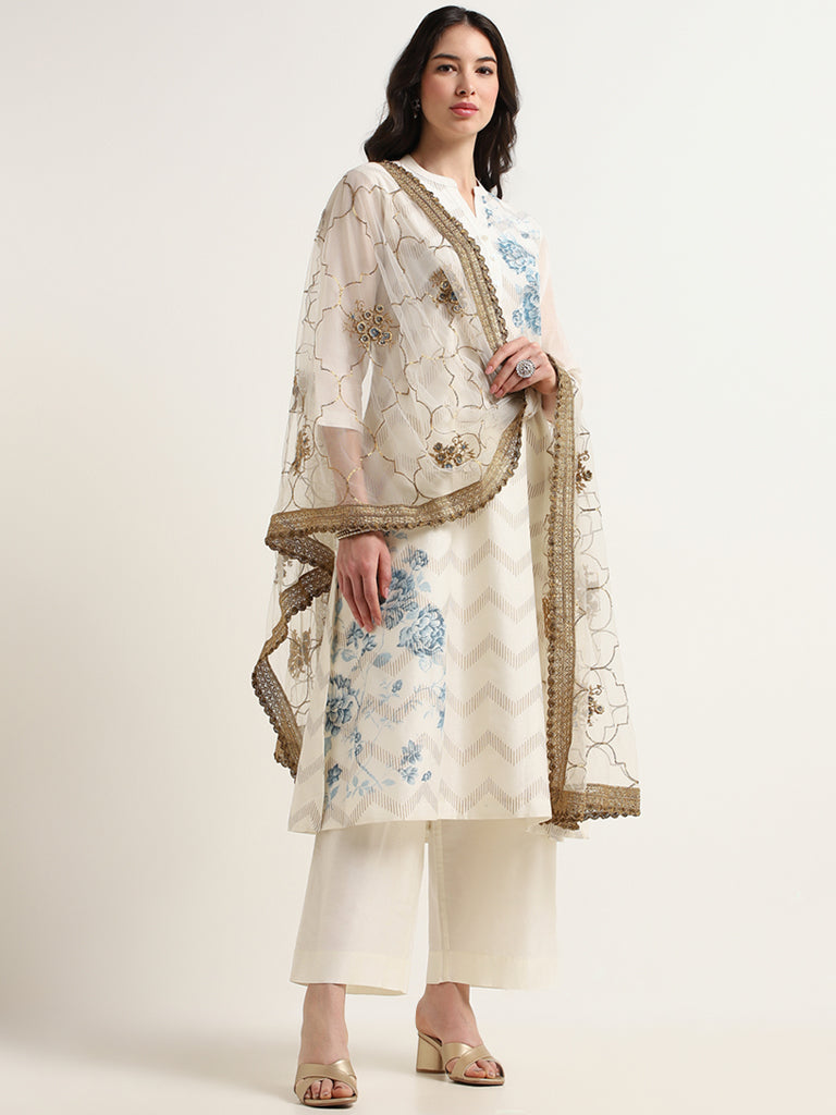 Vark Cream Printed Kurta, Pants & Dupatta Set