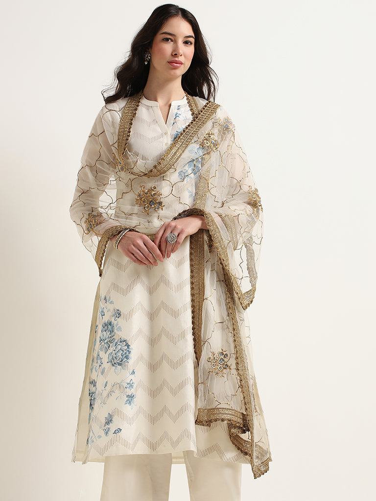 Vark Cream Printed Kurta, Pants & Dupatta Set