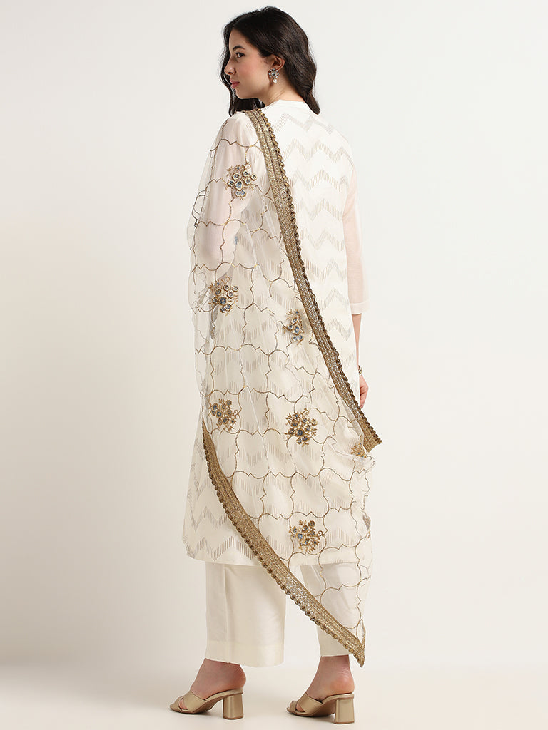 Vark Cream Printed Kurta, Pants & Dupatta Set