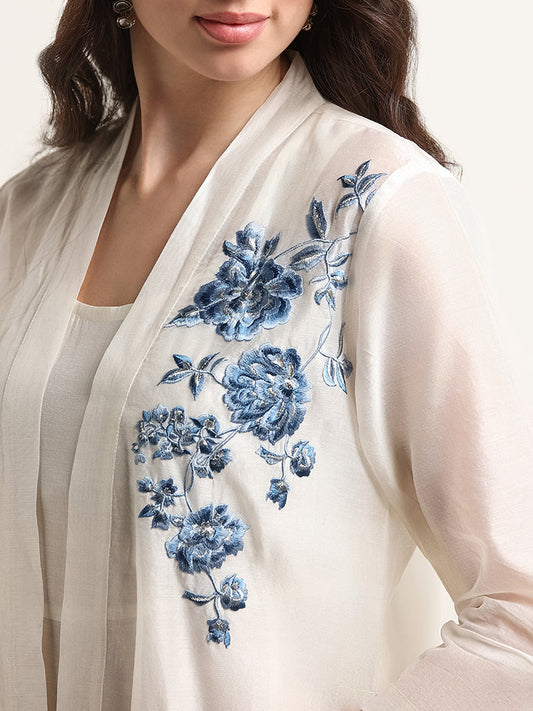 Vark White Embroidered Maxi Dress & Overlay Jacket Set