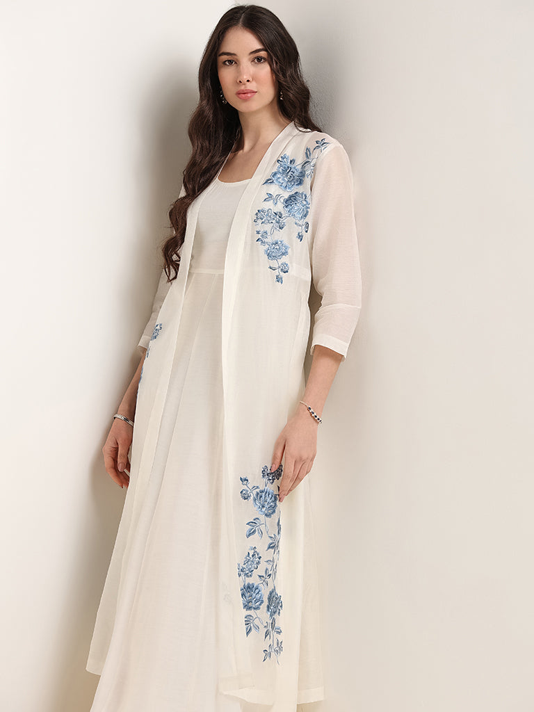 Vark White Embroidered Maxi Dress & Overlay Jacket Set