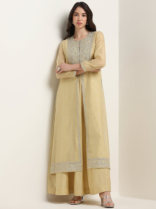 Vark Yellow Blended Linen Maxi Dress with Overlay Jacket Set