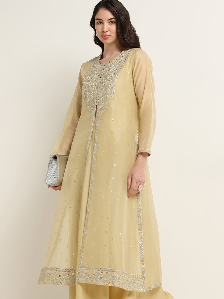 Vark Yellow Blended Linen Maxi Dress with Overlay Jacket Set