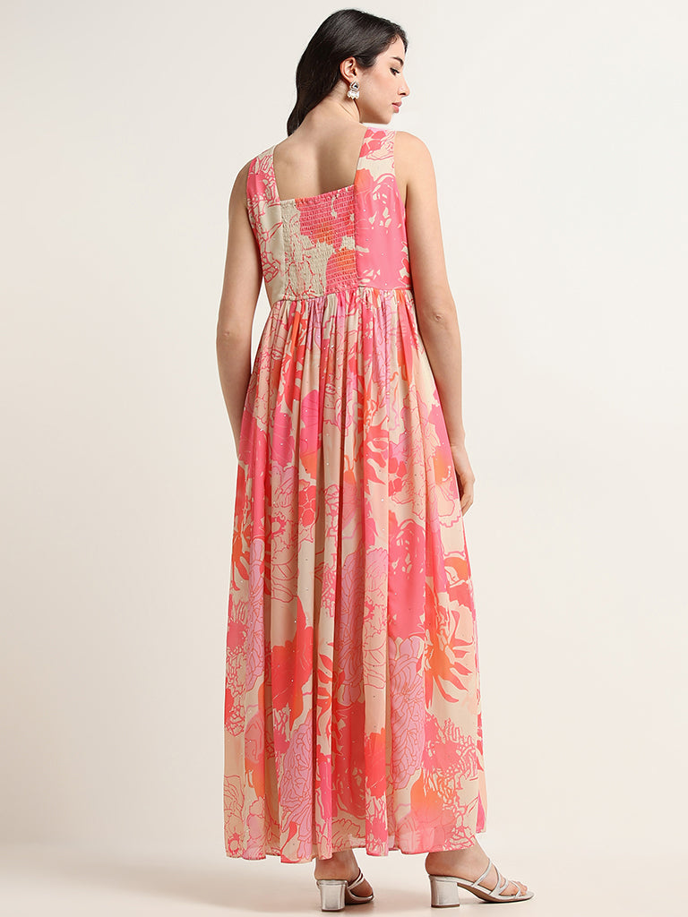 Vark Pink Floral Flared Maxi Dress