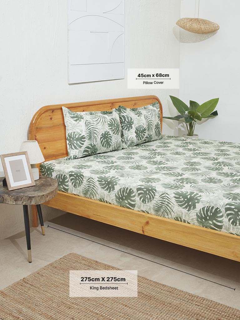 Westside Home Sage Leaf Print King Bed Flat Sheet and Pillowcase Set