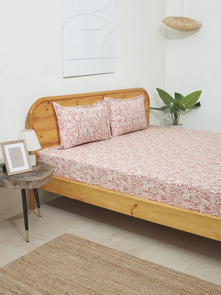 Westside Home Brick Red Floral Print Double Bed Flat Sheet and Pillowcase Set