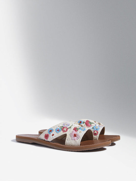 LUNA BLU Multicolour Floral Embroidered Raffia Slides