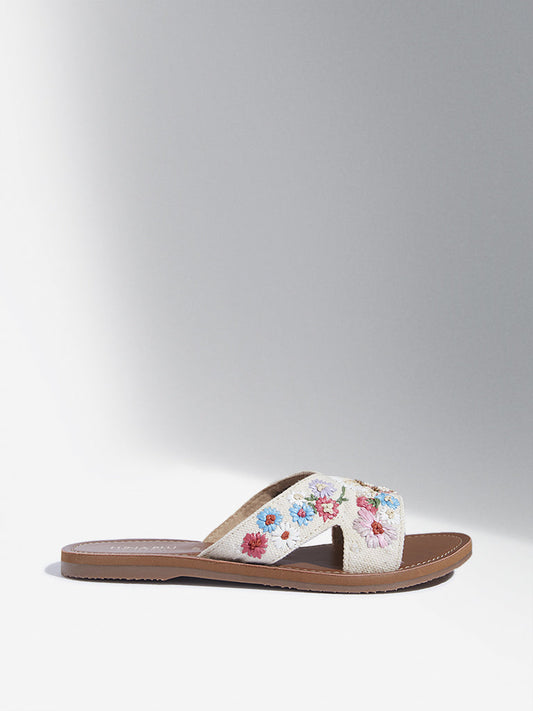 LUNA BLU Multicolour Floral Embroidered Raffia Slides