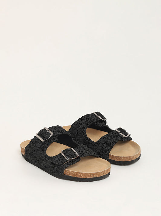 LUNA BLU Black Crochet Strap Comfort Sandals