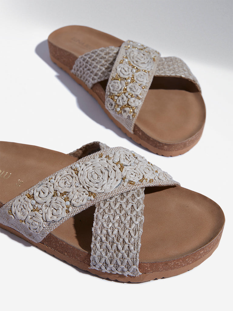 LUNA BLU Brown Floral Jute Design Slides