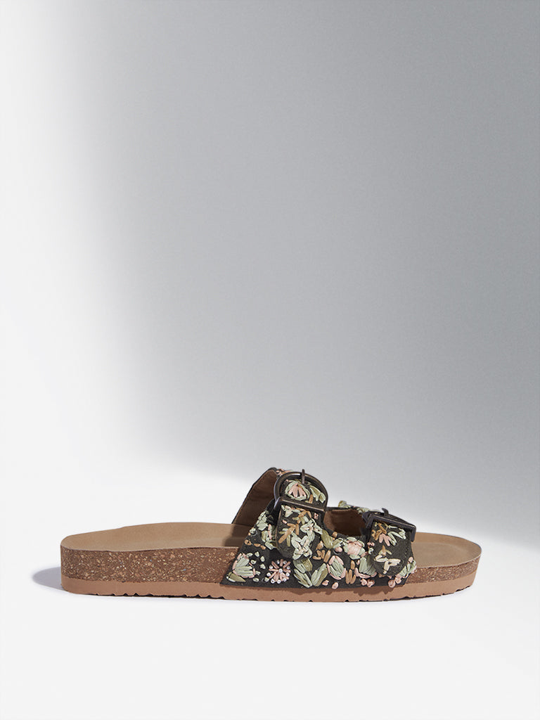 LUNA BLU Olive Floral Embroidered Dual Band Sandals