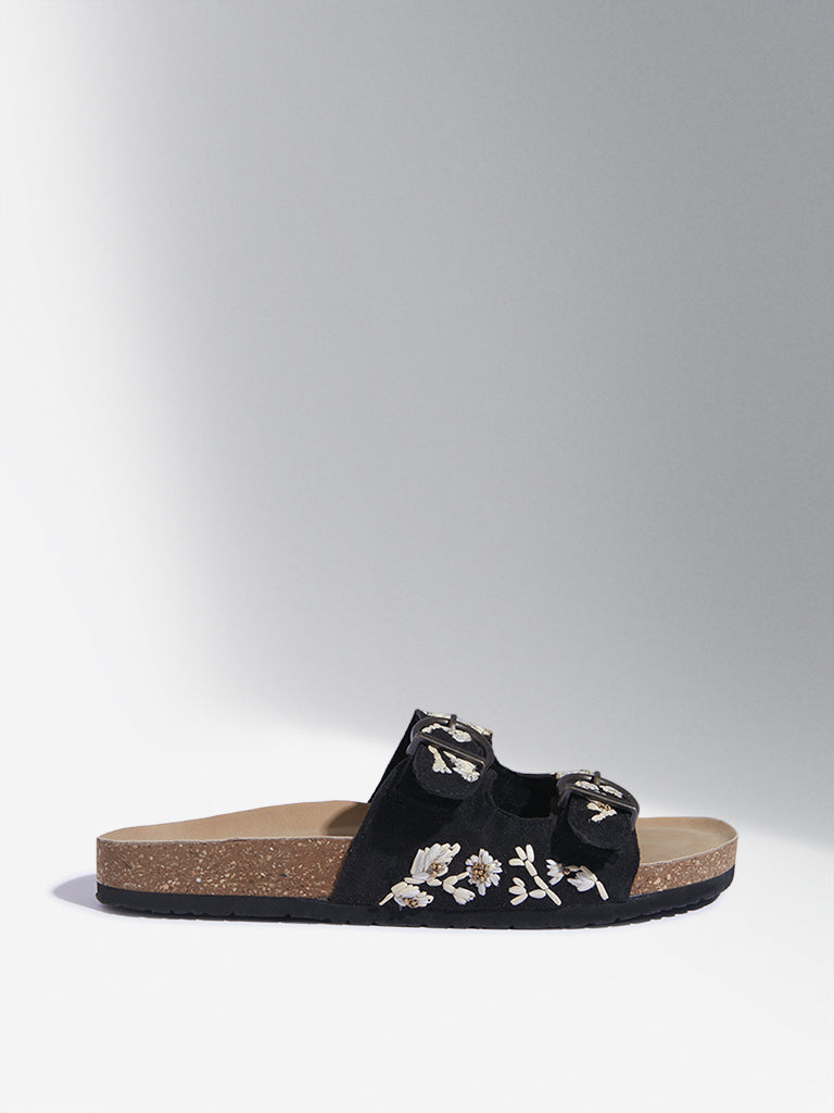 LUNA BLU Black Floral Design Double Band Sandals