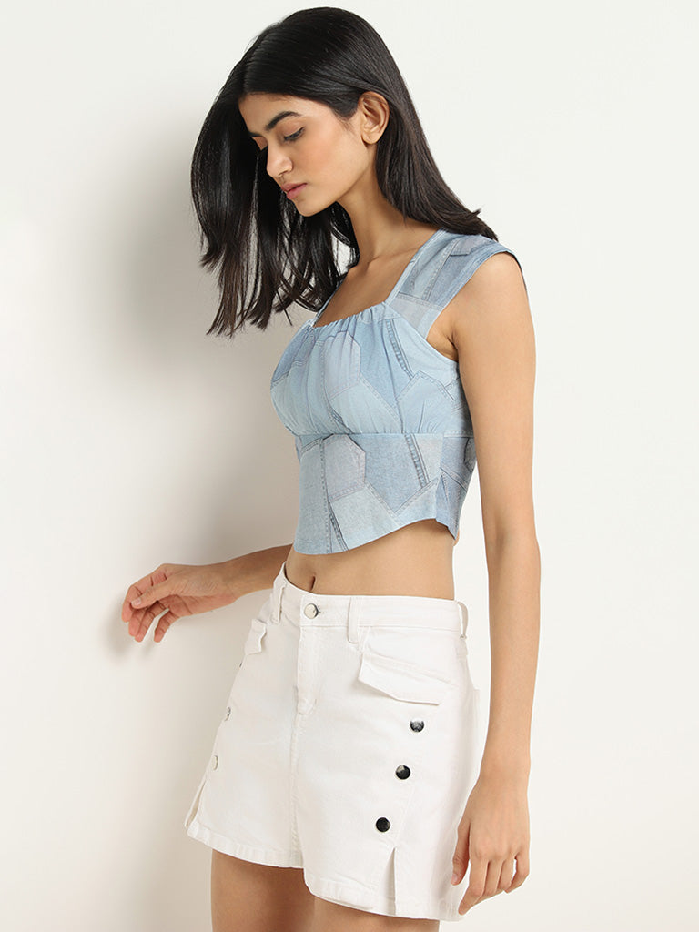 Nuon Blue Printed Cotton Crop Top