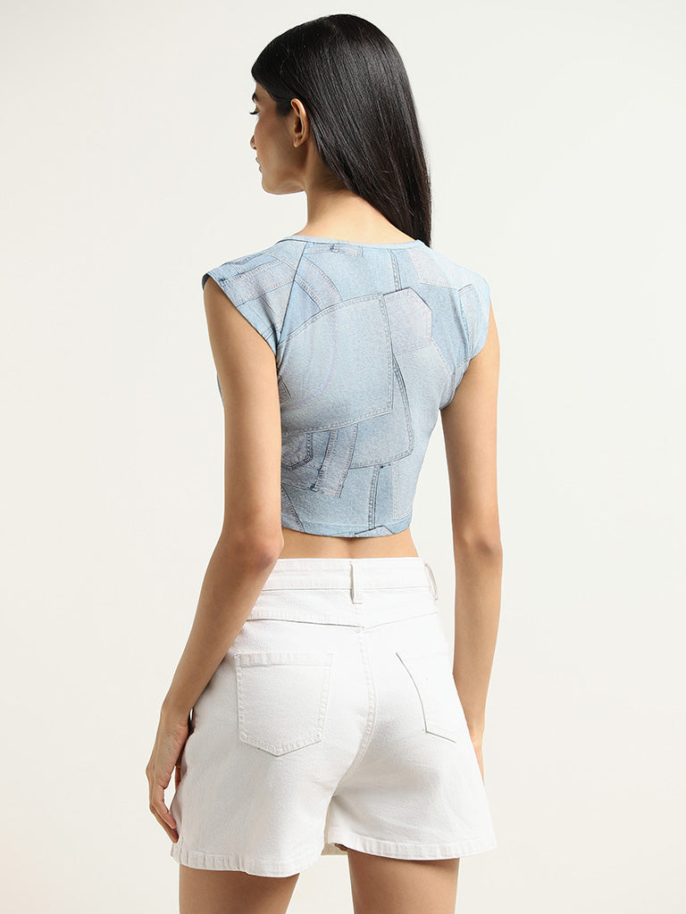 Nuon Blue Printed Cotton Crop Top