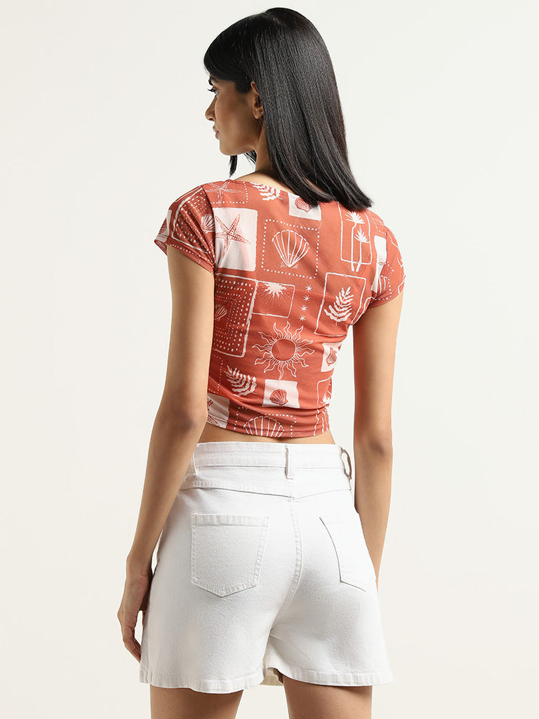 Nuon Rust Printed Cotton Crop Top