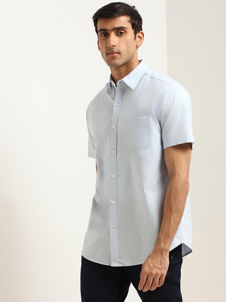 WES Casuals Blue Short- Sleeved Cotton Relaxed Fit Shirt