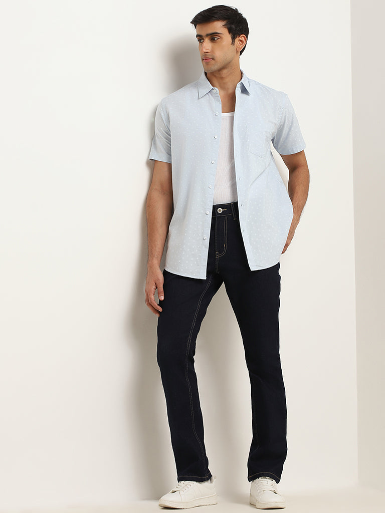 WES Casuals Blue Short- Sleeved Cotton Relaxed Fit Shirt