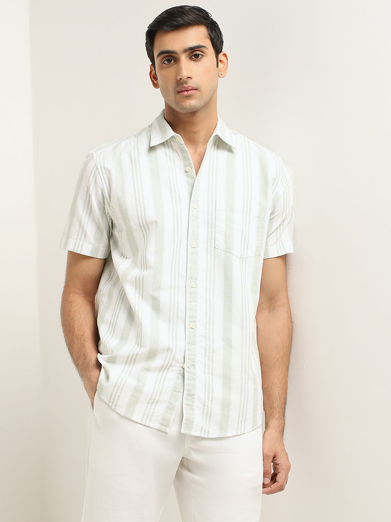 WES Casuals Green Striped Cotton Relaxed Fit Shirt